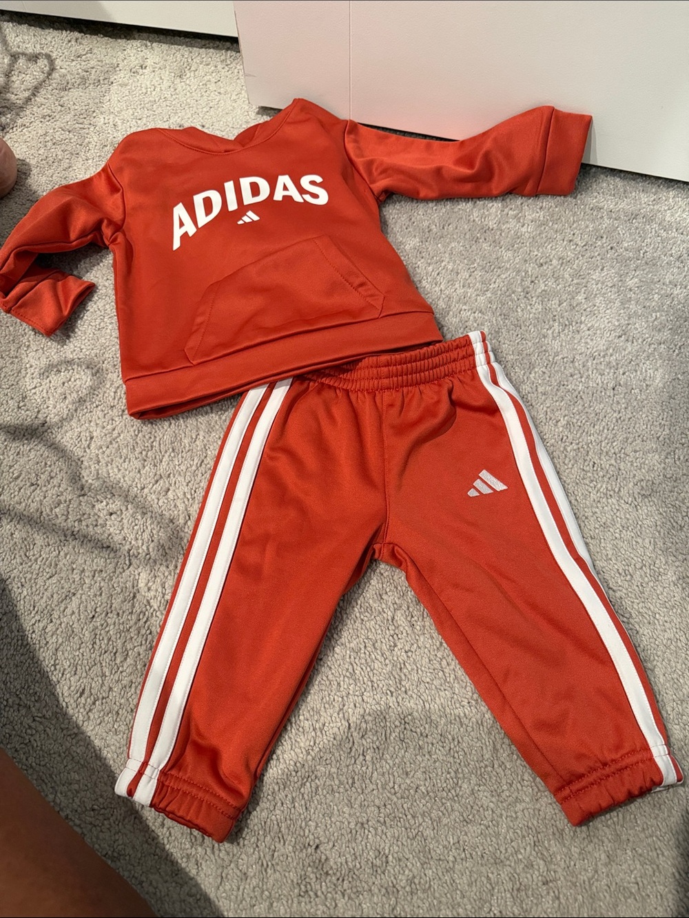 adidas Kids Red Sweatshirt and Jogger Set with White Stripes